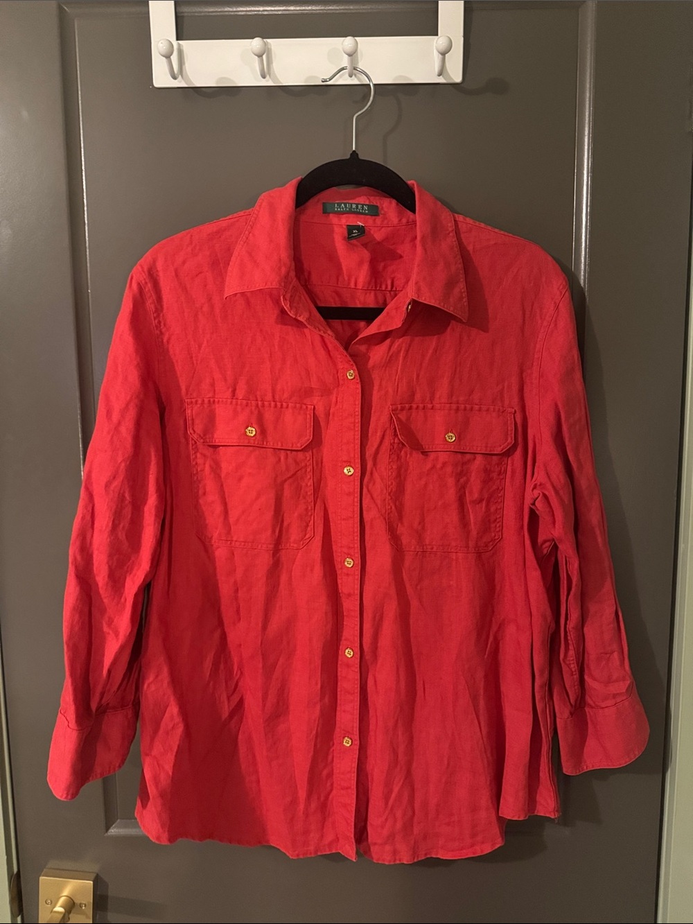 Ralph Lauren 100% Linen Coral Button Down Shirt, XL, gold button detail, like ne